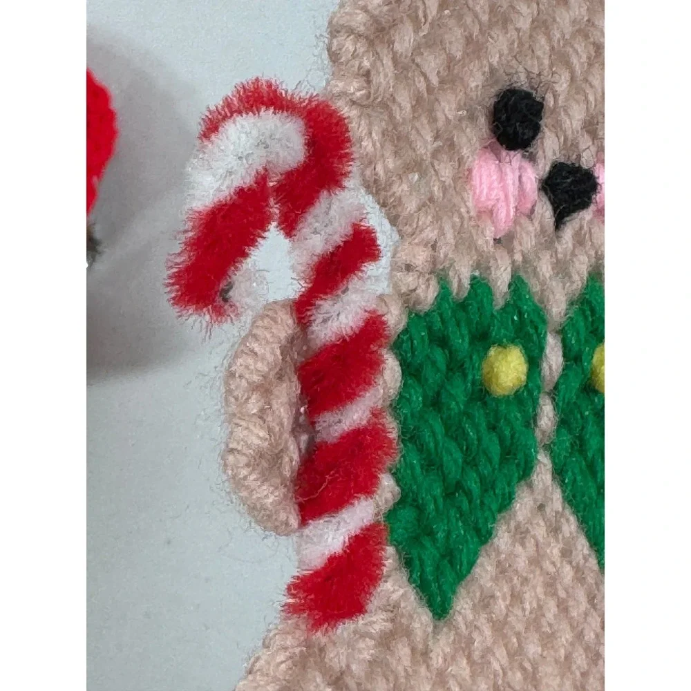 Vintage Handmade Plastic Canvas Christmas Teddy Bear Ornament Santa Candy Cane